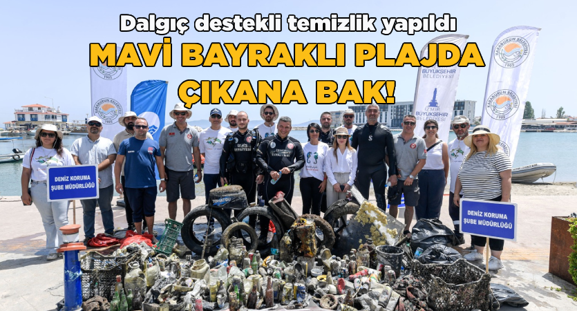 Mavi bayraklı plajda dalgıç destekli temizlik